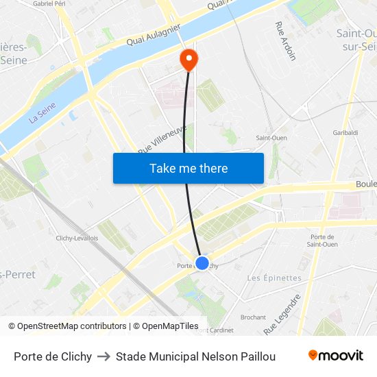 Porte de Clichy to Stade Municipal Nelson Paillou map