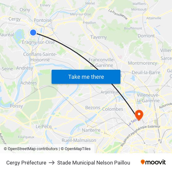 Cergy Préfecture to Stade Municipal Nelson Paillou map