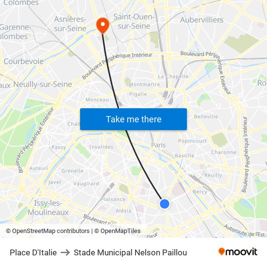 Place D'Italie to Stade Municipal Nelson Paillou map
