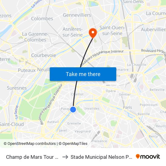 Champ de Mars Tour Eiffel to Stade Municipal Nelson Paillou map