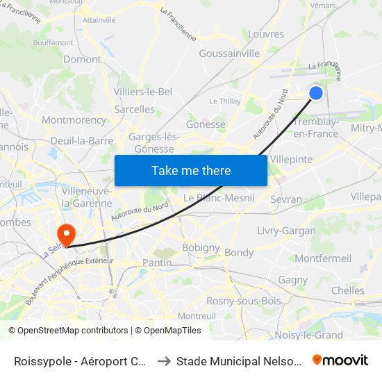 Roissypole - Aéroport Cdg1 (D3) to Stade Municipal Nelson Paillou map