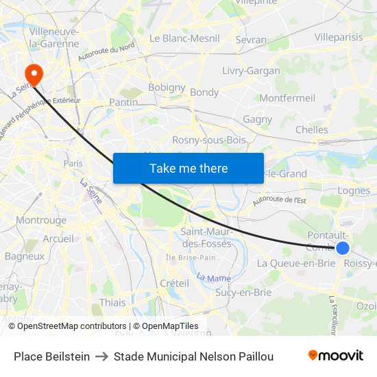 Place Beilstein to Stade Municipal Nelson Paillou map