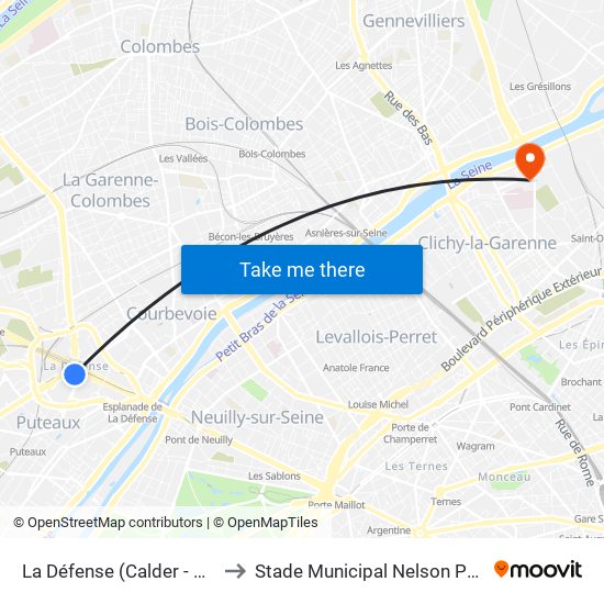 La Défense (Calder - Miro) to Stade Municipal Nelson Paillou map