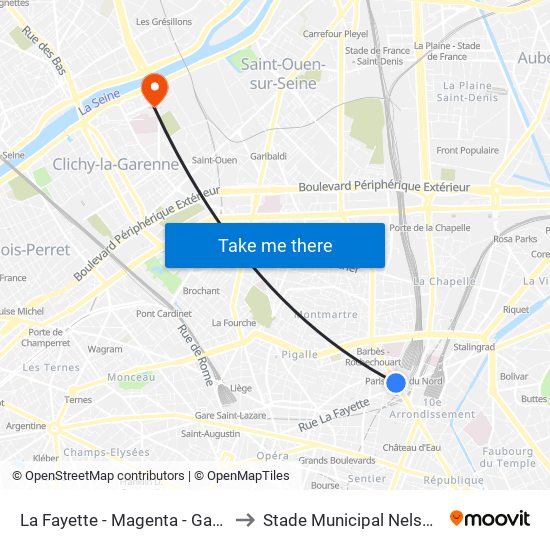 La Fayette - Magenta - Gare du Nord to Stade Municipal Nelson Paillou map