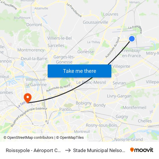 Roissypole - Aéroport Cdg1 (E2) to Stade Municipal Nelson Paillou map