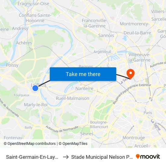 Saint-Germain-En-Laye RER to Stade Municipal Nelson Paillou map