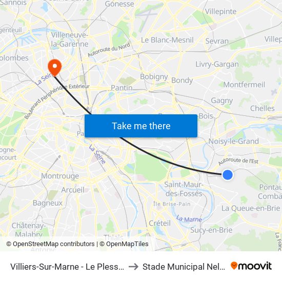 Villiers-Sur-Marne - Le Plessis-Trévise RER to Stade Municipal Nelson Paillou map