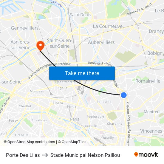 Porte Des Lilas to Stade Municipal Nelson Paillou map