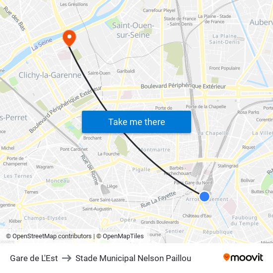 Gare de L'Est to Stade Municipal Nelson Paillou map