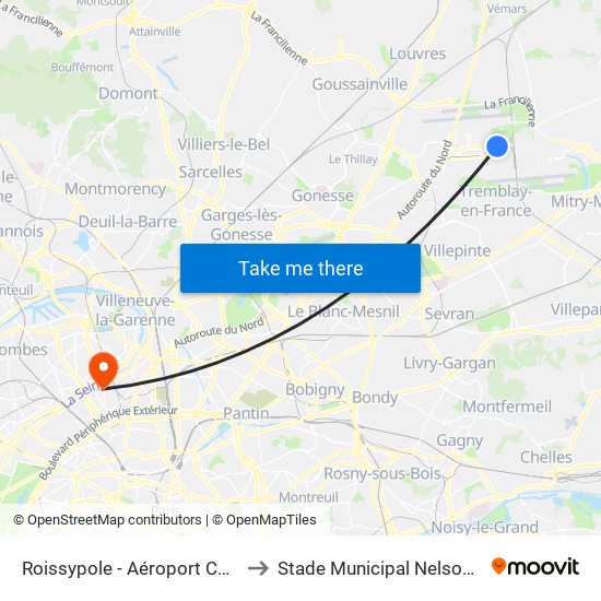 Roissypole - Aéroport Cdg1 (D1) to Stade Municipal Nelson Paillou map