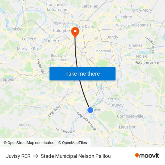 Juvisy RER to Stade Municipal Nelson Paillou map