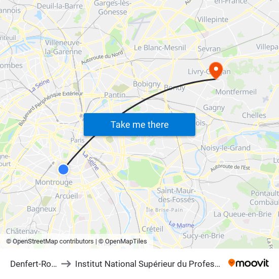 Denfert-Rochereau to Institut National Supérieur du Professorat Et de L'Éducation map
