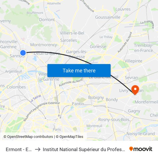 Ermont - Eaubonne to Institut National Supérieur du Professorat Et de L'Éducation map