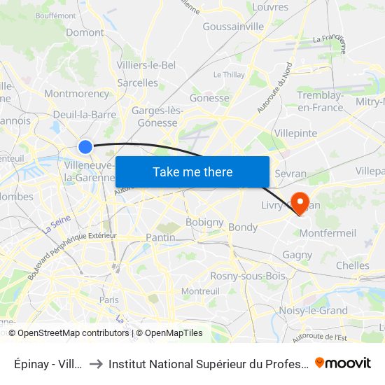 Épinay - Villetaneuse to Institut National Supérieur du Professorat Et de L'Éducation map