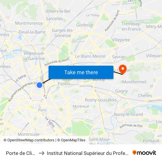 Porte de Clignancourt to Institut National Supérieur du Professorat Et de L'Éducation map