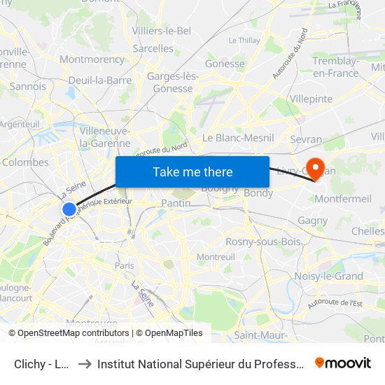 Clichy - Levallois to Institut National Supérieur du Professorat Et de L'Éducation map