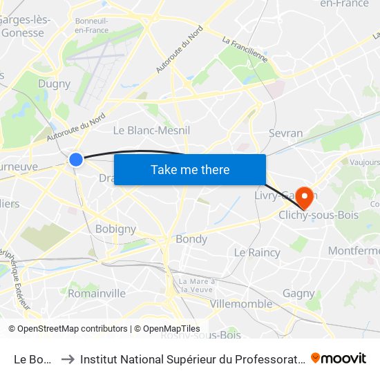 Le Bourget to Institut National Supérieur du Professorat Et de L'Éducation map