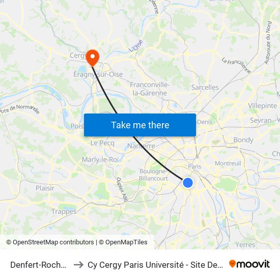 Denfert-Rochereau to Cy Cergy Paris Université - Site Des Chênes map