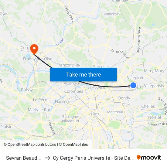 Sevran Beaudottes to Cy Cergy Paris Université - Site Des Chênes map