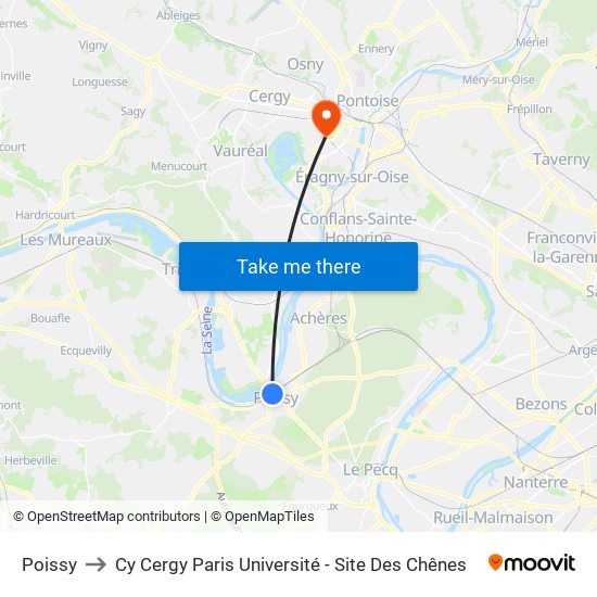 Poissy to Cy Cergy Paris Université - Site Des Chênes map