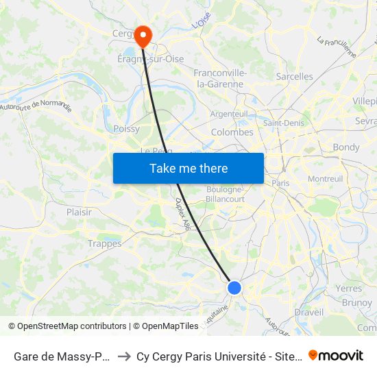 Gare de Massy-Palaiseau to Cy Cergy Paris Université - Site Des Chênes map