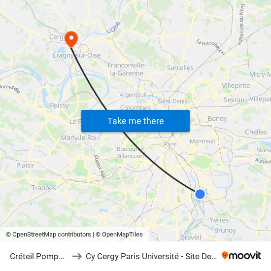 Créteil Pompadour to Cy Cergy Paris Université - Site Des Chênes map