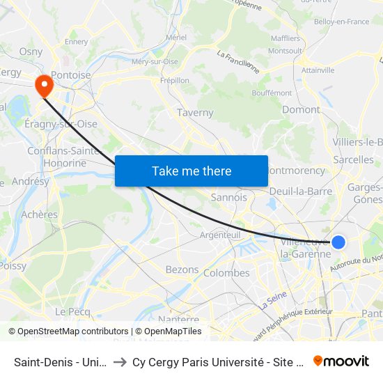 Saint-Denis - Université to Cy Cergy Paris Université - Site Des Chênes map