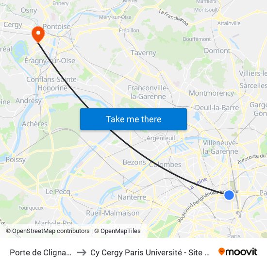 Porte de Clignancourt to Cy Cergy Paris Université - Site Des Chênes map