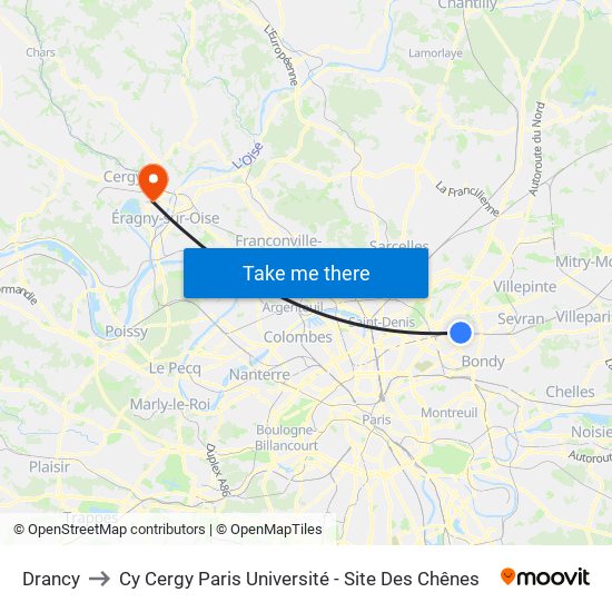Drancy to Cy Cergy Paris Université - Site Des Chênes map