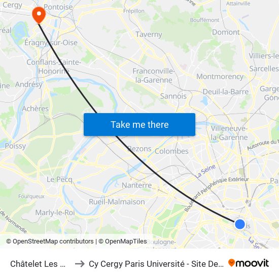 Châtelet Les Halles to Cy Cergy Paris Université - Site Des Chênes map