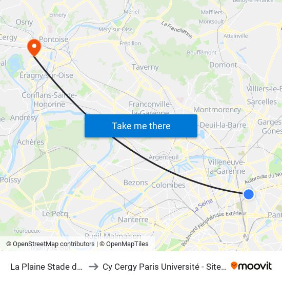 La Plaine Stade de France to Cy Cergy Paris Université - Site Des Chênes map