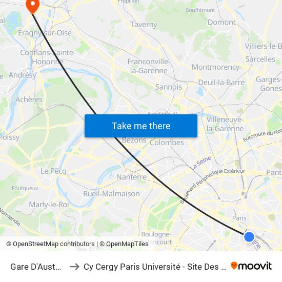 Gare D'Austerlitz to Cy Cergy Paris Université - Site Des Chênes map