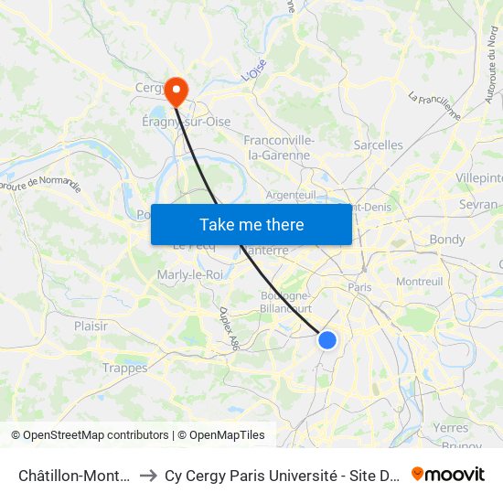 Châtillon-Montrouge to Cy Cergy Paris Université - Site Des Chênes map