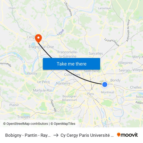 Bobigny - Pantin - Raymond Queneau to Cy Cergy Paris Université - Site Des Chênes map