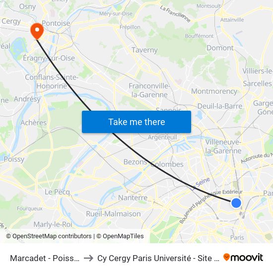 Marcadet - Poissonniers to Cy Cergy Paris Université - Site Des Chênes map
