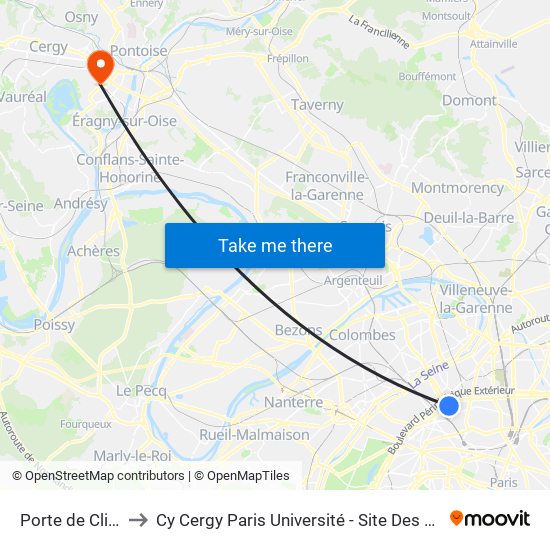 Porte de Clichy to Cy Cergy Paris Université - Site Des Chênes map