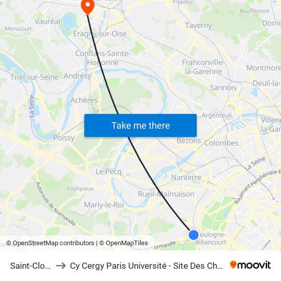 Saint-Cloud to Cy Cergy Paris Université - Site Des Chênes map