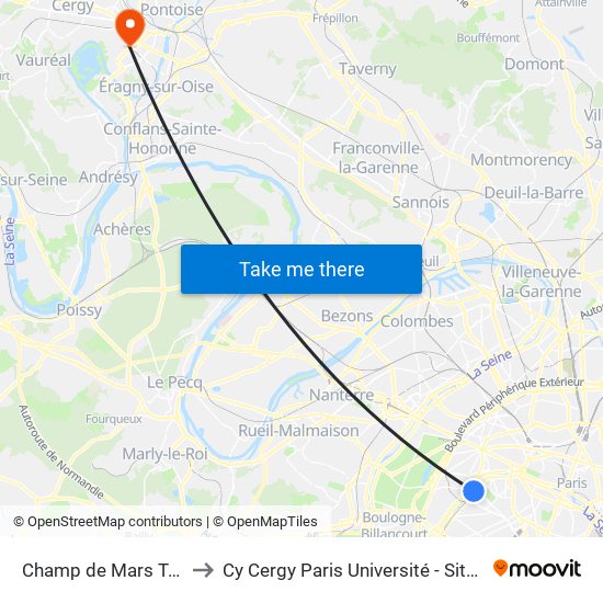 Champ de Mars Tour Eiffel to Cy Cergy Paris Université - Site Des Chênes map