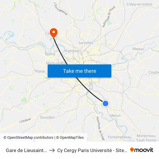 Gare de Lieusaint Moissy to Cy Cergy Paris Université - Site Des Chênes map