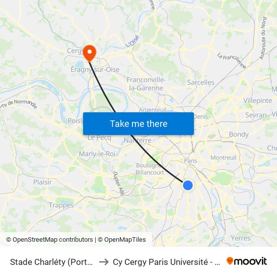 Stade Charléty (Porte de Gentilly) to Cy Cergy Paris Université - Site Des Chênes map