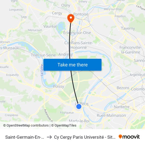 Saint-Germain-En-Laye RER to Cy Cergy Paris Université - Site Des Chênes map
