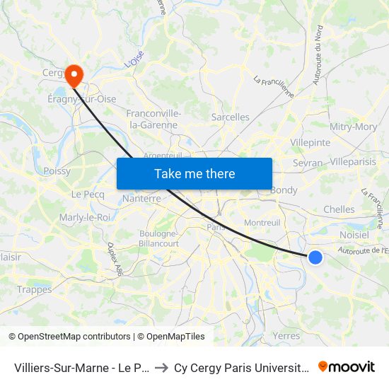 Villiers-Sur-Marne - Le Plessis-Trévise RER to Cy Cergy Paris Université - Site Des Chênes map