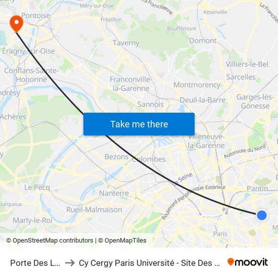 Porte Des Lilas to Cy Cergy Paris Université - Site Des Chênes map