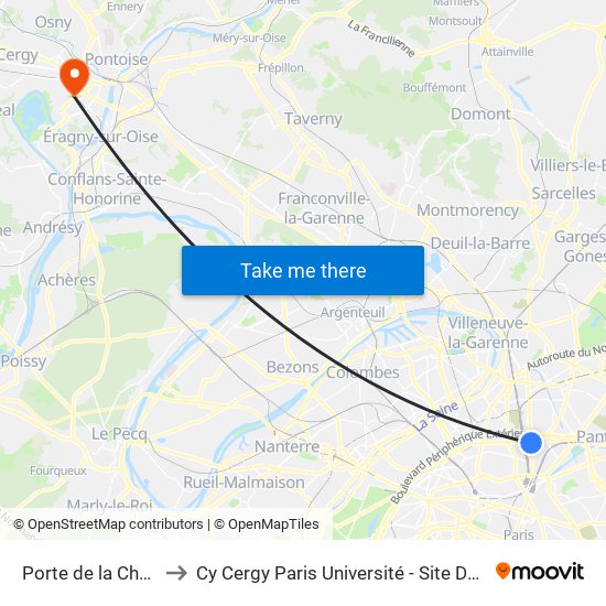 Porte de la Chapelle to Cy Cergy Paris Université - Site Des Chênes map