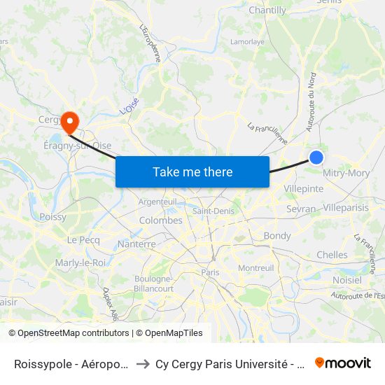 Roissypole - Aéroport Cdg1 (D1) to Cy Cergy Paris Université - Site Des Chênes map