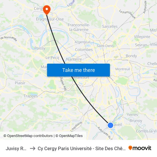 Juvisy RER to Cy Cergy Paris Université - Site Des Chênes map