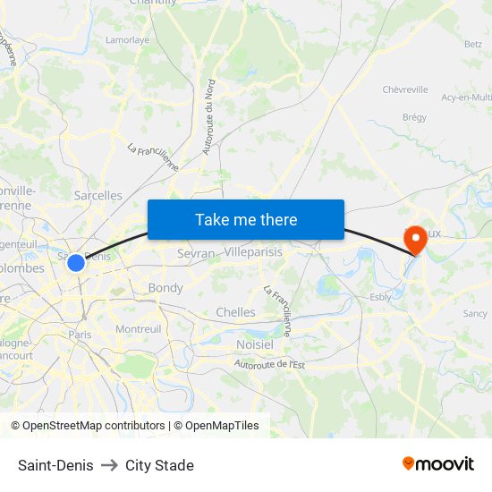 Saint-Denis to City Stade map