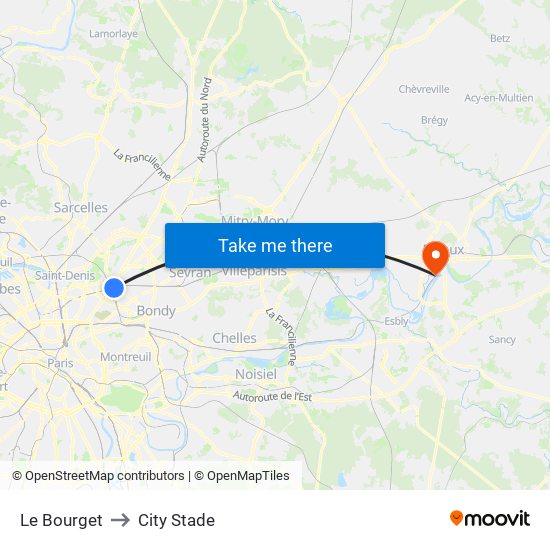 Le Bourget to City Stade map