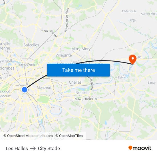 Les Halles to City Stade map