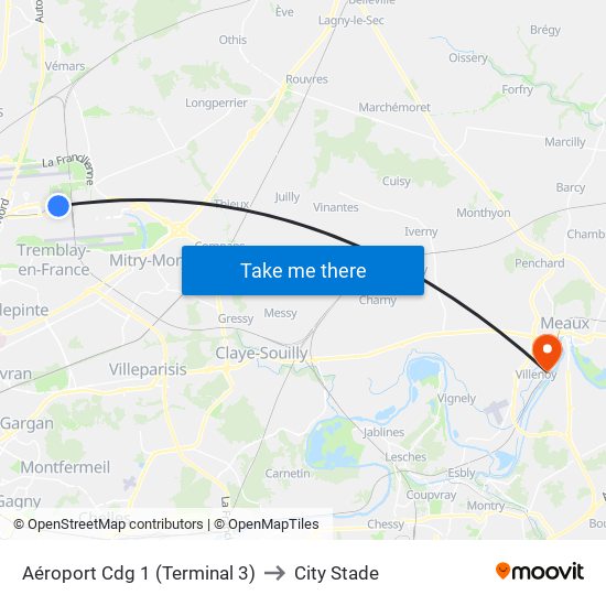 Aéroport Cdg 1 (Terminal 3) to City Stade map